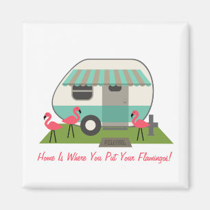 Roze Flamingo's & Retro Camper Magneet