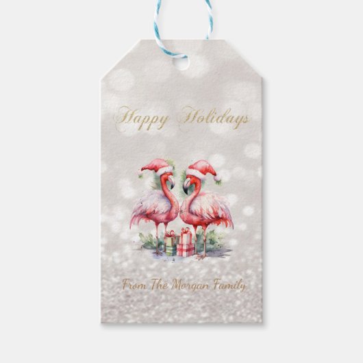 Roze Flamingos Santa Hat Cadeaus Glitter Bokeh Cadeaulabel (Voorkant)