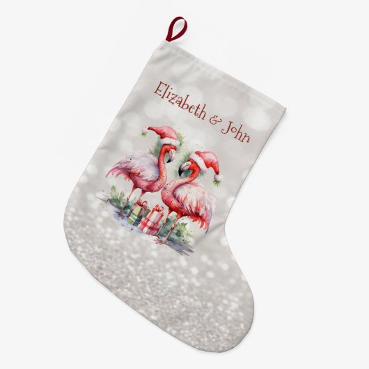 Roze Flamingo's Santa Hat Cadeaus Glittery Bokeh Grote Kerstsok (Voorkant (Hangend))