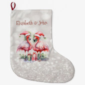 Roze Flamingo's Santa Hat Cadeaus Glittery Bokeh Grote Kerstsok (Voorkant)