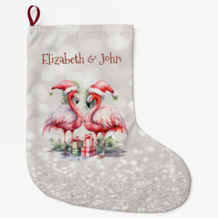 Roze Flamingo's Santa Hat Cadeaus Glittery Bokeh Grote Kerstsok