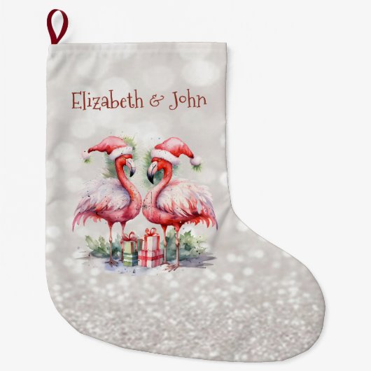Roze Flamingo's Santa Hat Cadeaus Glittery Bokeh Grote Kerstsok (Voorkant)