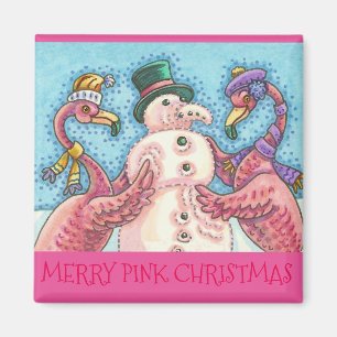 Roze Flamingo's Sneeuwman KERSTMAGNET Magneet