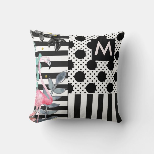 Roze Flamingo's Stippen Zwart & Wit Pret Kussen (Voorkant)