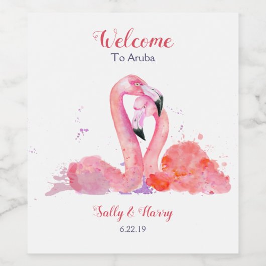 Roze Flamingos Strand Bruiloft Welkomstwijnfles Wijn Etiket (Enkel label)