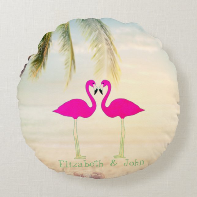 Roze Flamingo's, Strand, Palm, Persoonlijk Rond Kussen (Voorkant)
