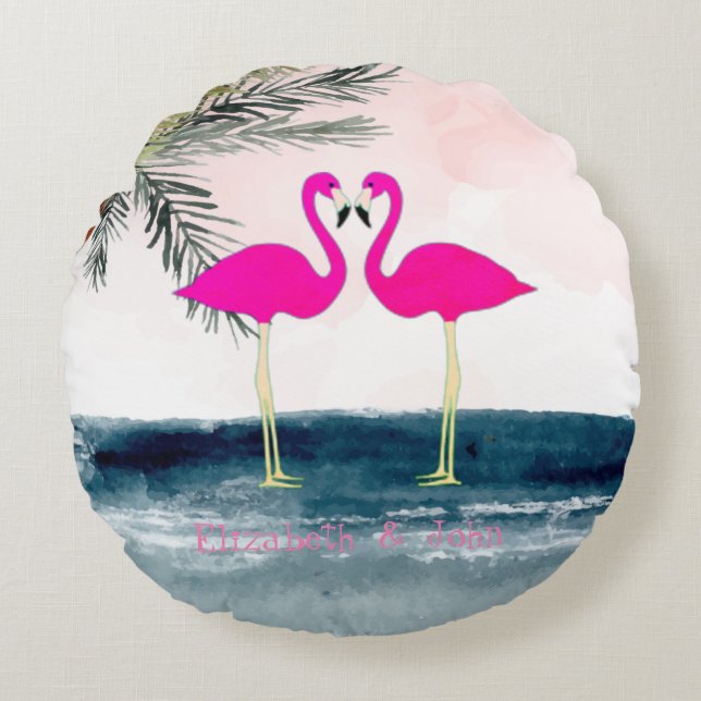 Roze Flamingo's Strand Rond Kussen (Voorkant)