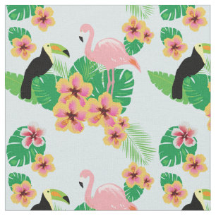 Roze flamingos, Toucans, Tropische Flowers Fabric Stof