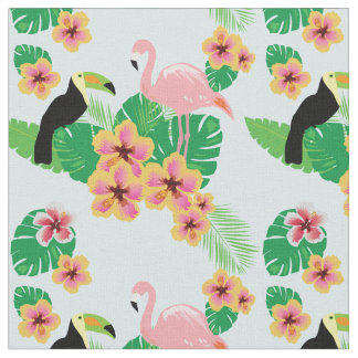Roze flamingos, Toucans, Tropische Flowers Fabric Stof