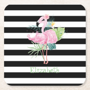 Roze Flamingo's,Tropisch blad ,Zwart Witte Strepen Kartonnen Onderzetters
