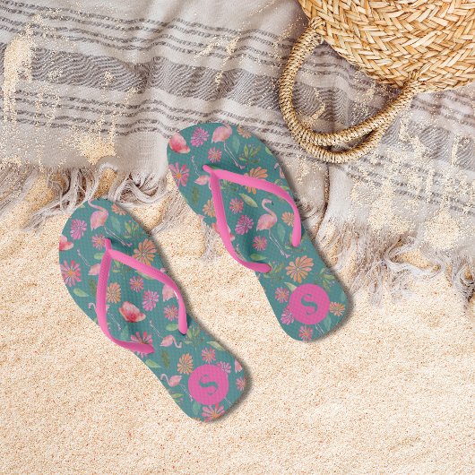 Roze Flamingo's Tropisch Bloemenpatroon Met Monogr Teenslippers