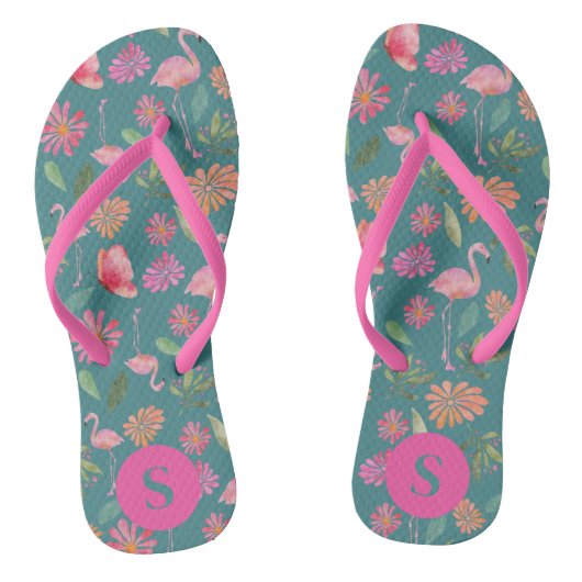 Roze Flamingo's Tropisch Bloemenpatroon Met Monogr Teenslippers (Voetbed)