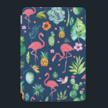 Roze Flamingo's & Tropisch kleurrijk patroon iPad Mini Cover<br><div class="desc">Leuke kleurrijke tropische bloemen,  dieren,  flamingo's,  ananas,  cactus naadloos patroon met marineblauw veranderlijke achtergrondkleur.</div>