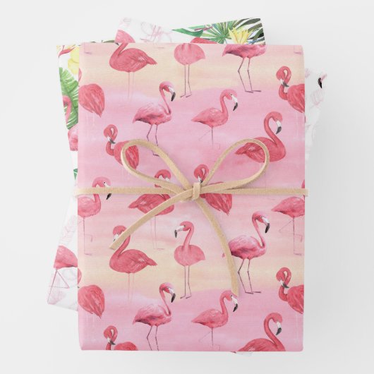 Roze flamingos tropische bladeren inpakpapier vel (In situ)