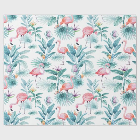 Roze flamingo's tropische bladeren patroon cadeaupapier (Vlak)