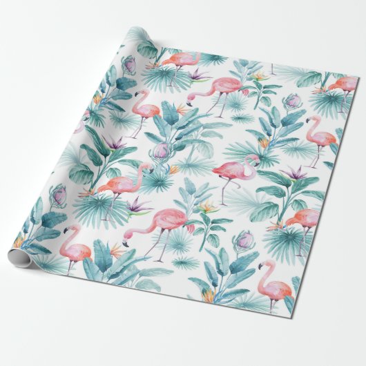 Roze flamingo's tropische bladeren patroon cadeaupapier (Uitgerold)