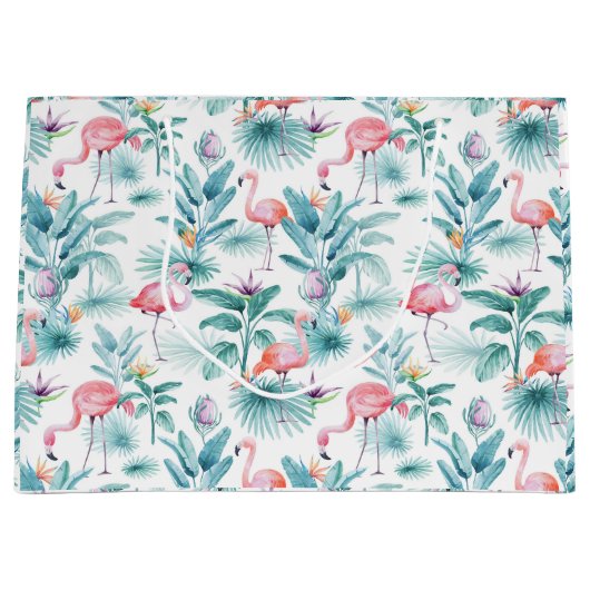 Roze flamingo's tropische bladeren patroon groot cadeauzakje (Voorkant)