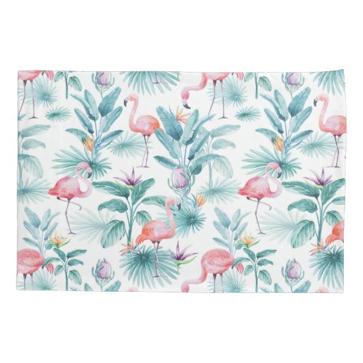 Roze flamingo's tropische bladeren patroon kussensloop (Achterkant-Links)