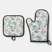 Roze flamingo's tropische bladeren patroon ovenwant & pannenlap set (Voorkant)