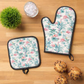 Roze flamingo's tropische bladeren patroon ovenwant & pannenlap set (Top down)