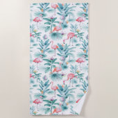 Roze flamingo's tropische bladeren patroon strandlaken (Voorkant)