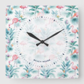 Roze flamingo's tropische bladeren patroon vierkante klok (Voorkant)