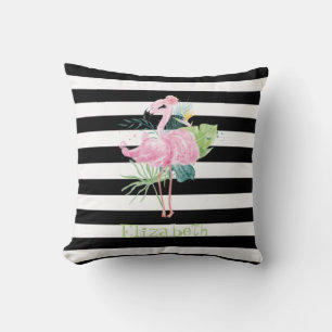 Roze Flamingo's, Tropische Bladeren Zwarte Strepen Kussen