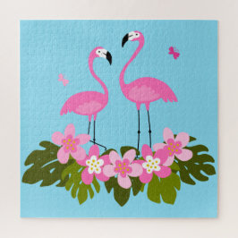 Roze Flamingo's Tropische Bloem Illustratie Legpuzzel