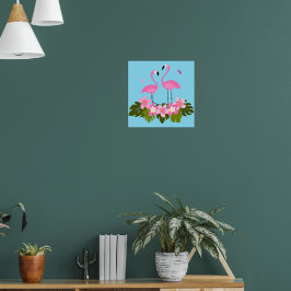 Roze Flamingo's Tropische Bloem Illustratie Poster