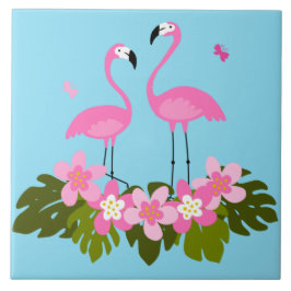 Roze Flamingo's Tropische Bloem Illustratie Tegeltje