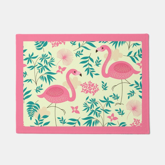 Roze Flamingo's & Tropische Bloemen Deurmat (Voorkant)