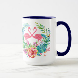 Roze Flamingo's Tropische Bloemen Krans Mok