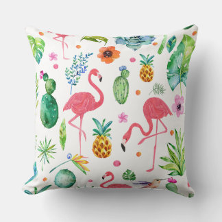 Roze Flamingo's & Tropische Cactus Patroon Kussen