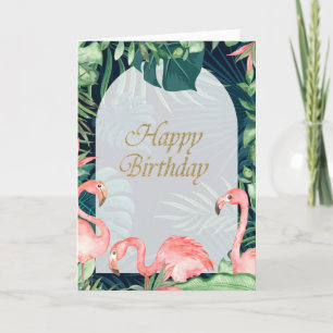 Roze Flamingo's Tropische Palmbladeren Verjaardag Kaart
