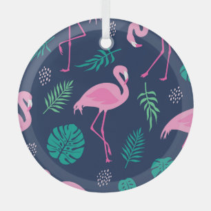 Roze flamingo's, tropische palmen, handgetekende n glas ornament