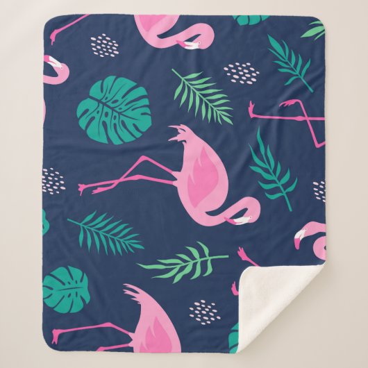 Roze flamingo's, tropische palmen, handgetekende n sherpa deken (Voorkant)
