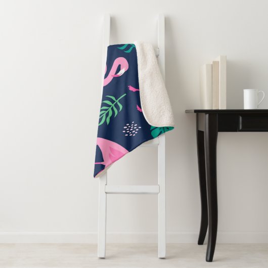 Roze flamingo's, tropische palmen, handgetekende n sherpa deken (In situ)