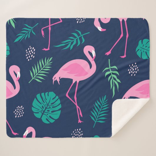 Roze flamingo's, tropische palmen, handgetekende n sherpa deken (Voorkant (horizontaal))