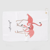Roze Flamingo's Tropische Vogels met Jouw naam Golfhanddoek (Horizontaal)