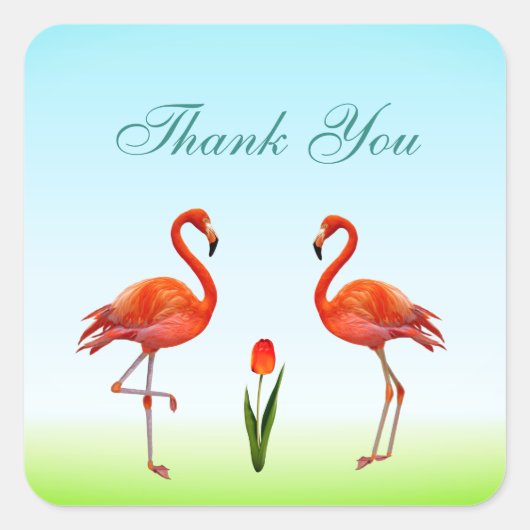 Roze Flamingo's & Tulp Bloem Bedankt Vierkante Sticker (Voorkant)