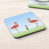 Roze flamingos & Tulp-ventilator op lichtblauw Bier Onderzetter (Linkerzijde)