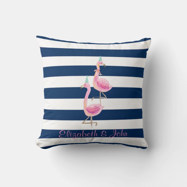 Roze flamingo's verliefd,Navyblauw gestreept Kussen (Voorkant)
