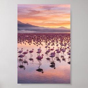 Roze Flamingo's Wandelende Meer Tropische Matte Po Poster