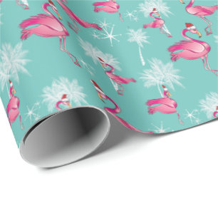 Roze flamingos White Palm Trees Kerstmis Cadeaupapier