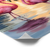Roze Flamingo's Zonsondergang Dieren Schilderij Poster (Hoek)
