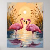Roze Flamingo's Zonsondergang Dieren Schilderij Poster (Voorkant)