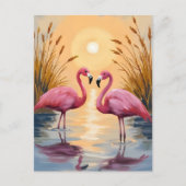 Roze flamingo's zonsondergang dierenschilderij briefkaart (Voorkant)