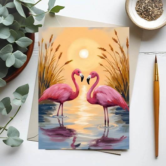 Roze flamingo's zonsondergang dierenschilderij briefkaart