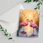 Roze flamingo's zonsondergang dierenschilderij briefkaart