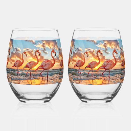 Roze flamingo's Zonsondergang Oceaan Tropische Luc Wijnglas Zonder Voet (Achterkant)